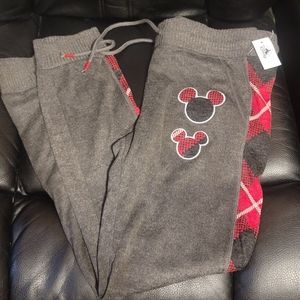 Disney grey red black plaid lounge pants joggers Mikey mouse w/pockets small